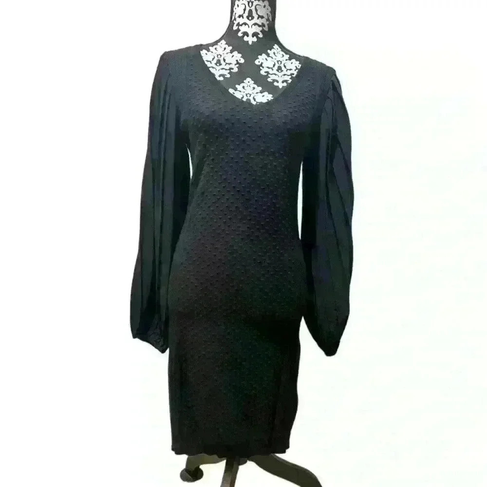 WHBM Black Pleated Drama Sleeve Sweater Dress Size S NWT - Picture 2 of 10